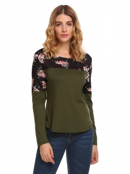 

Army green Floral Print Patchwork Long Sleeve V Neck Tops, Multicolor