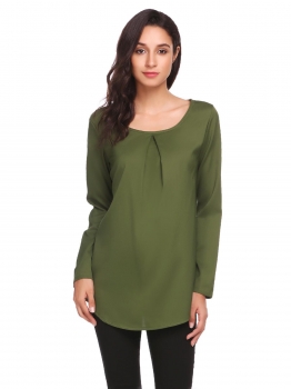 

Army green Womens Casual Long Sleeve Ruched O-Neck Tunic Chiffon Shirt Top Blouse, Multicolor