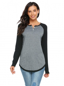

Gray Black Contrast Color Patchwork Raglan Sleeve Tops, Multicolor