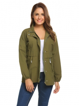 

Army green Women Long Sleeve Solid Casual Raincoat Waterproof Outwear Jacket with Pocket, Multicolor