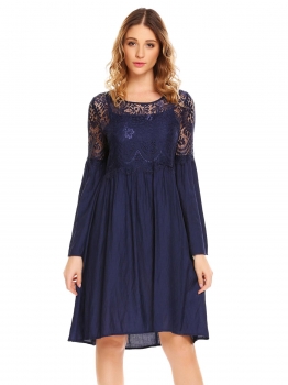 

Navy blue Women O-Neck Long Sleeve Lace Patchwork Draped Going Out Dress, Multicolor