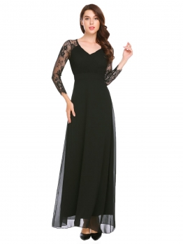 

Black Women V-Neck Long Sleeve Pleated Lace Patchwork Chiffon Evening Party Maxi Dress, Multicolor