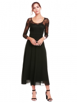 

Black Women 3"4 Sleeve Keyhole Back Ruched Empire Lace Patchwork Lined Evening Dress, Multicolor