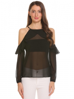 

Black Women Cold Shoulder Ruffle Spaghetti Strap Long Sleeve Solid Chiffon Blouse, Multicolor