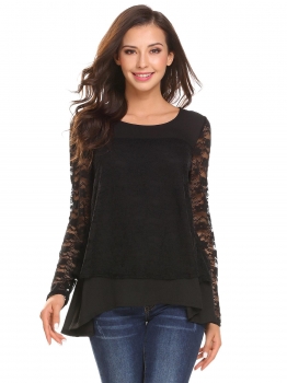 

Black Women O-Neck Long Sleeve Chiffon Lace Mesh Patchwork T-Shirt, Multicolor