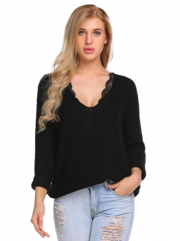 

Black Casual V-Neck Long Sleeve Solid Rib Sweater, Multicolor