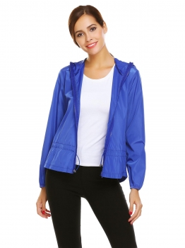 

Blue Women Outwear Long Sleeve Hooded Drawstring Waist Waterproof Zip Up Coat Jackets, Multicolor