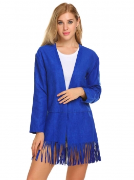 

Blue Women Casual Long Sleeve Solid Open Fringe Cardigan, Multicolor