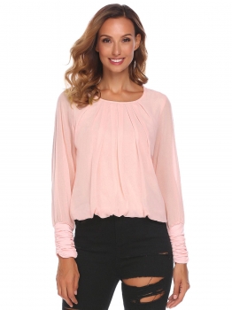 

Light pink Women Fashion Pleated Ruched O-Neck Long Sleeve Solid Chiffon Blouses, Multicolor