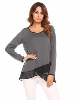 

Dark Grey Scoop Neck Long Sleeve Chiffon Splicing Patchwork Casual Shirts Blouse Top, Multicolor