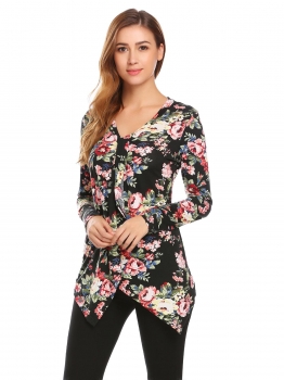 

Black Women V-Neck Long Sleeve Asymmetrical Hem Floral Print Casual Slim Blouse Casual Tops, Multicolor