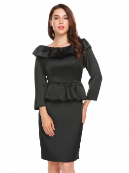

Black Boat Neck Backless Long Sleeve Ruffles Slim Fit Satin Peplum Dress, Multicolor