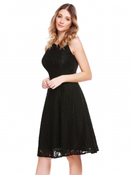 

Black O-Neck Sleeveless Hollow Out Back Floral Lace Going Dress, Multicolor