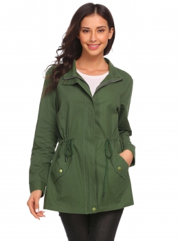 

Army green Women Stand Collar Long Sleeve Relaxed Fit Slim Drawstring Jackets, Multicolor