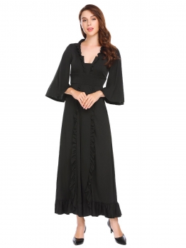 

Black Square Neck Flare Sleeve Hollow Out Ruffles Evening Maxi Dress, Multicolor