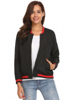 

Black Long Sleeve Patchwork Baseball Lightweight Bomber Jacket, Multicolor