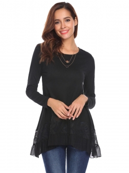 

Black Women Fashion Lace Patchwork O-Neck Long Sleeve Loose T-Shirt, Multicolor
