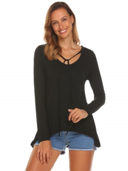 

Black Women Fashion V-Neck Long Sleeve Solid Front Tie Loose T-Shirt, Multicolor