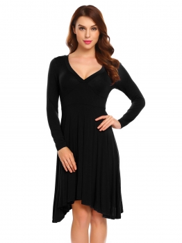 

Black V-Neck Long Sleeve Pleated Solid" Print Knee Length Casual Dress, Multicolor