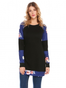 

Black O-Neck Long Sleeve Flower Print Patchwork Pullover Casual Sweatshirts, Multicolor