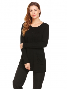 

Black Women Round Neck Long Sleeve Pleated Front Loose Shirts Blouse Tops with Pockets, Multicolor