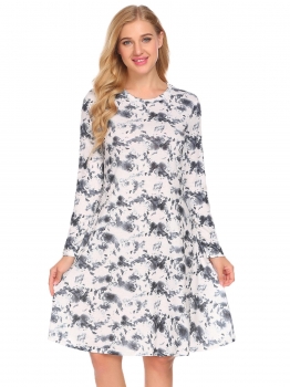 

Black Women Watercolor Ink Printed O-Neck Long Sleeve Loose Dress, Multicolor