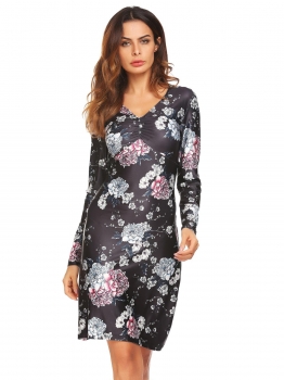 

Black Bohemia Boho Ruched V Neck Long Sleeve Print Line Dress, Multicolor