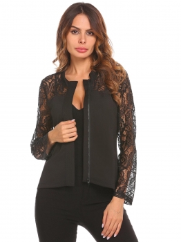 

Black Women Casual O-Neck Long Sleeve Zipper Lace Patchwork Jacket, Multicolor