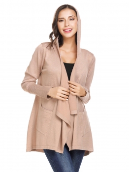 

Apricot Women Draped Open Front Long Sleeve Hooded Casual Knit Cardigan with Pockets, Multicolor