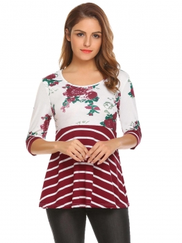 

Women Fashion O-Neck Half Sleeve Floral Striped T-Shirt, Multicolor