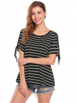 

Black Women Fashion Cold Shoulder O-Neck Short Sleeve Striped T-Shirt, Multicolor