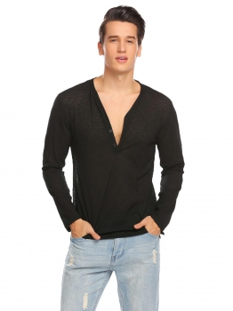 

Black Men Long Sleeve Slit Hem V-Neck Button Solid Casual T-Shirts, Multicolor