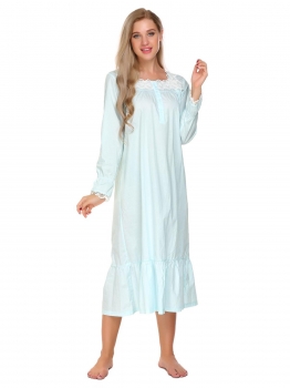 

Blue Victorian Long Sleeve Lace Patchwork Ruffled Hem Pajamas, Multicolor