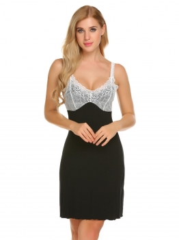 

Black Lace V Neck Sleeveless Above Knee Chemise Sleepwear Slip Dress, Multicolor