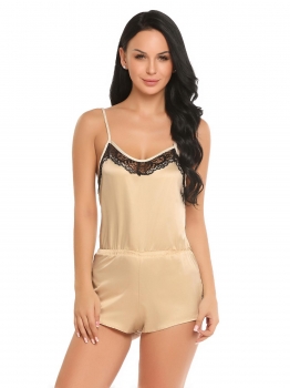 

Beige Spaghetti Strap Ruched Satin Lace Patchwork Sleepwear, Multicolor