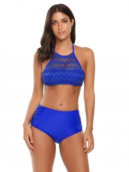

Blue Halter Padded Mesh Patchwork Mid Waist Bikini Set, Multicolor
