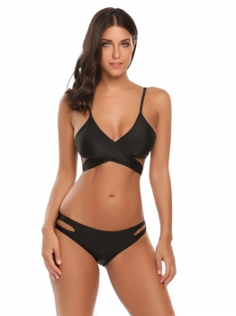 

Black Spaghetti Strap Solid Padded Wrap Cross Bikini Set, Multicolor