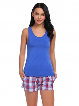 

Dark blue Scoop Neck Tank Top and Plaid Short Pajamas Set, Multicolor