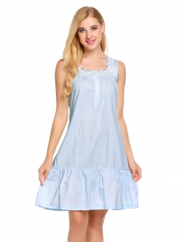 

Light blue Sleeveless Lace Patchwork Button Ruffles Hem Nightgown, Multicolor