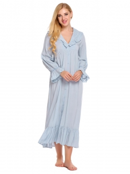 

Light blue Solid Bell Sleeve Button Ruffle Hem Maxi Nightgown, Multicolor