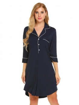 

Navy blue Short Sleeve Pajamas Solid Sleepwear Shirt Dress, Multicolor