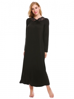 

Black Sleepwear Lace V-Neck Long Sleeve Loose Gown, Multicolor