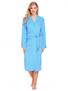 

Blue Women Robe Sleepwear Long Sleeve Spa Midi Kimono Bathrobe with Pocket, Multicolor