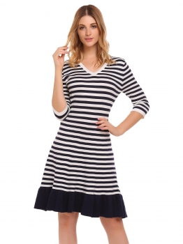 

Navy blue 3"4 Sleeve Striped V Neck Ruffles A-Line Dress, Multicolor
