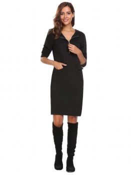 

Black Hooded Long Sleeve Zipper Solid Split Hoodie Dress with Pockets, Multicolor