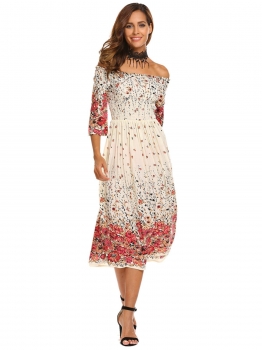 

Beige Women Off Shoulder Flare Sleeve Floral Print Fit and Summer Casual Dress, Multicolor