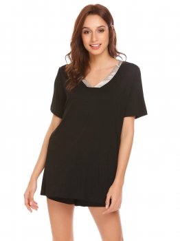 

Black Women V-Neck Sleepwear Viscose Short Sleeve Pajama Set Pj Shorts, Multicolor