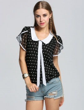 

Black Polka Dot Doll Collar Tulip Sleeve Chiffon Blouse, Multicolor