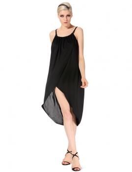 

Black Stylish Lady Women Fashion Sexy Bohemia Irregular O-Neck Pleated Split Straps Long Casual Dresses, Multicolor