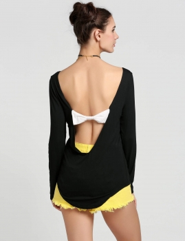 

Black Backless Bow Stretch Irregular Solid Round Neck Long Sleeve Tops, Multicolor